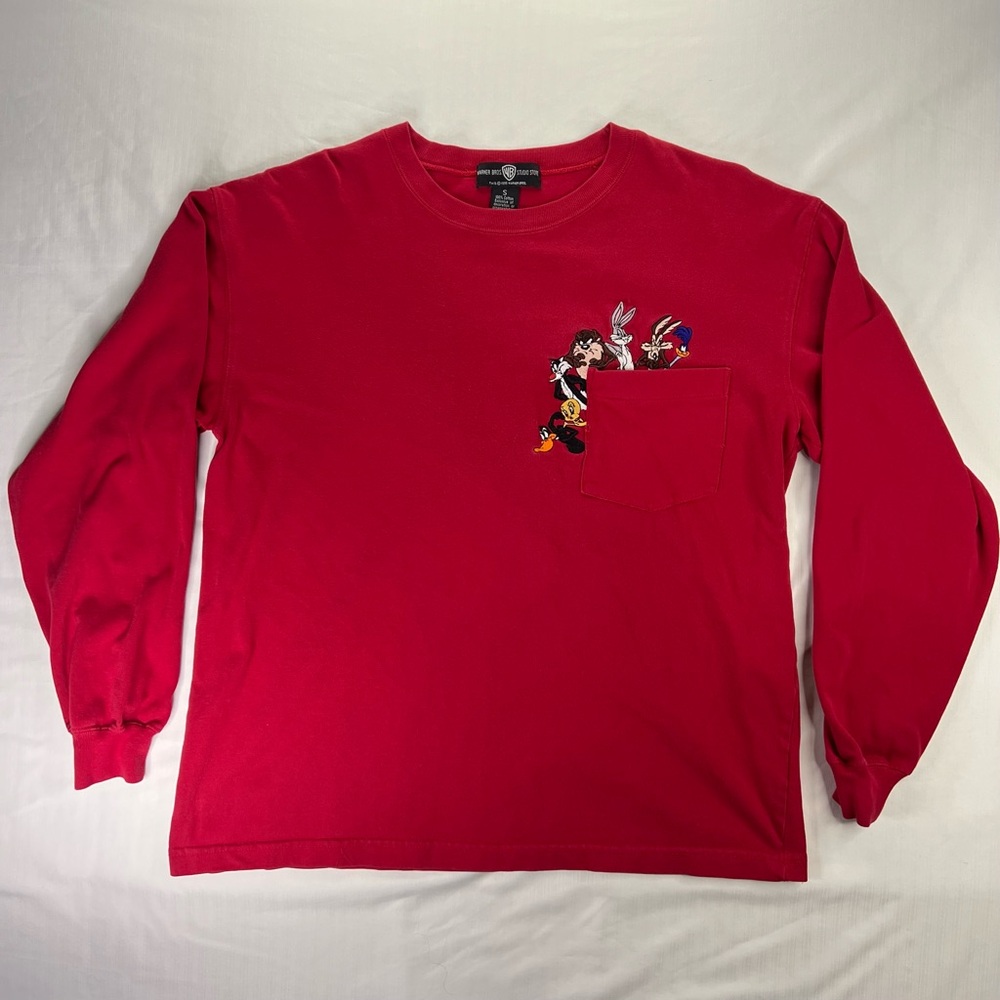 Red Looney Tunes Embroidered Pocket Long Sleeve Shirt Size Small